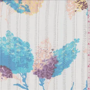 3 1/2 YD PC-White/Aqua Floral Metallic Stripe Crinkled Silk Chiffon Fabric