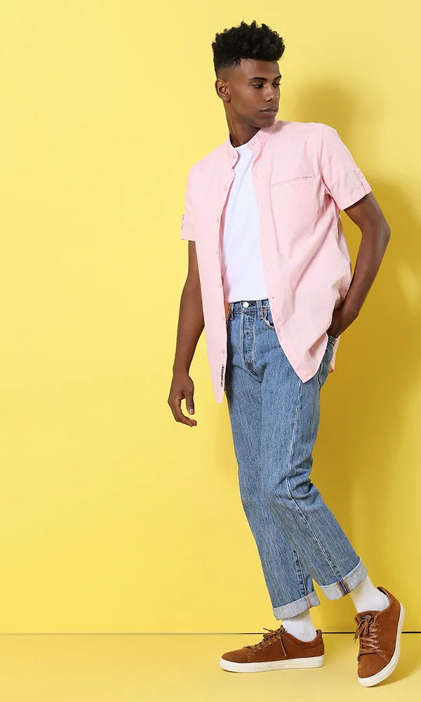 39528 Basic Short Sleeves Buttoned Heather Pink Shirt
