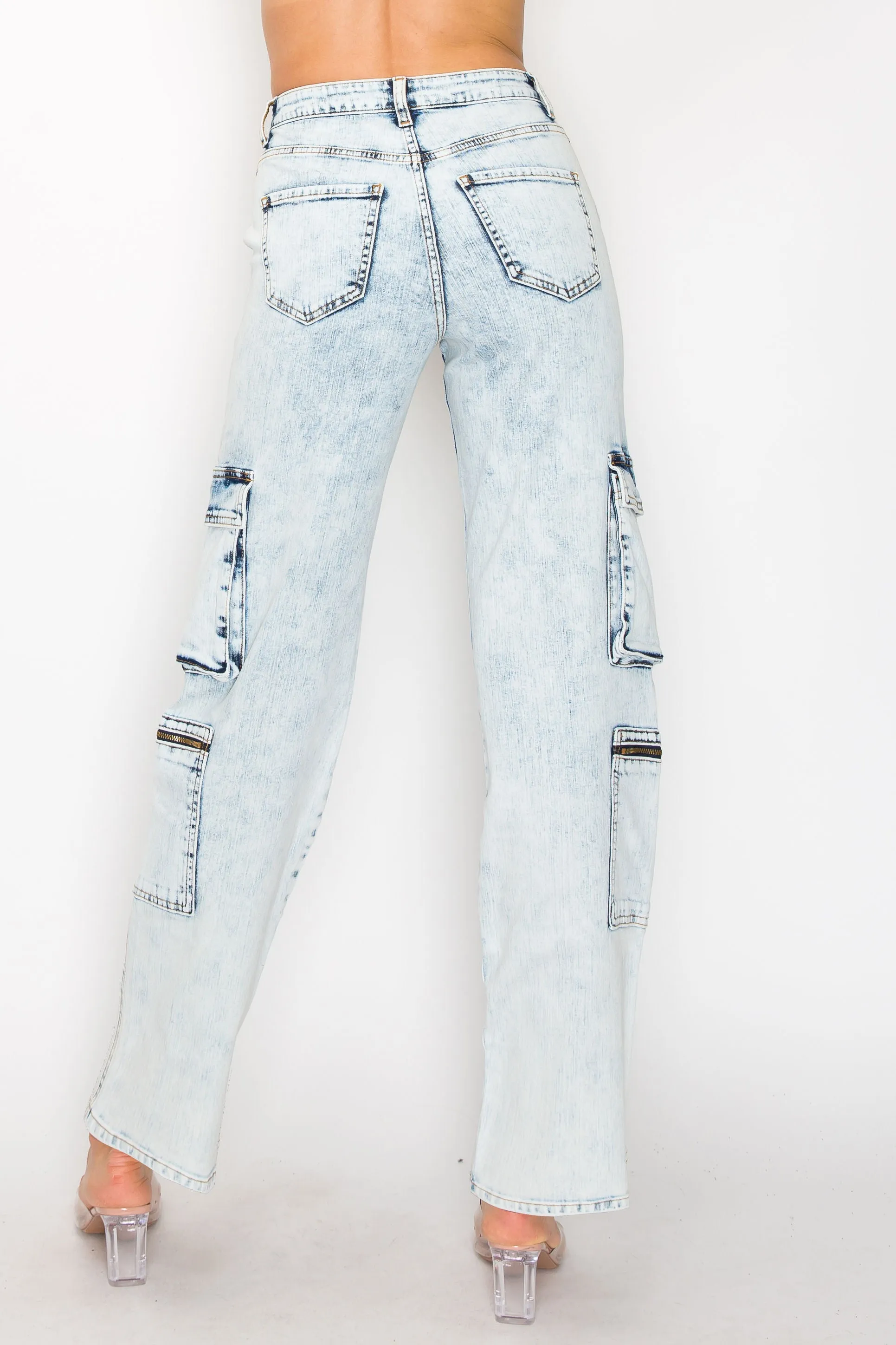 40561  Women's jeans Mid Rise Acid Washed Cargo Pants w/ Extra Pockets