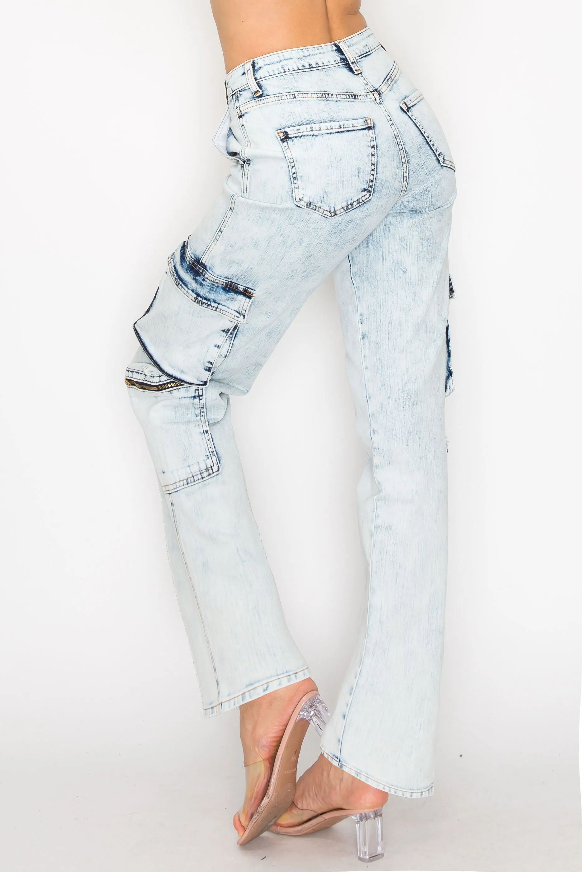 40561  Women's jeans Mid Rise Acid Washed Cargo Pants w/ Extra Pockets