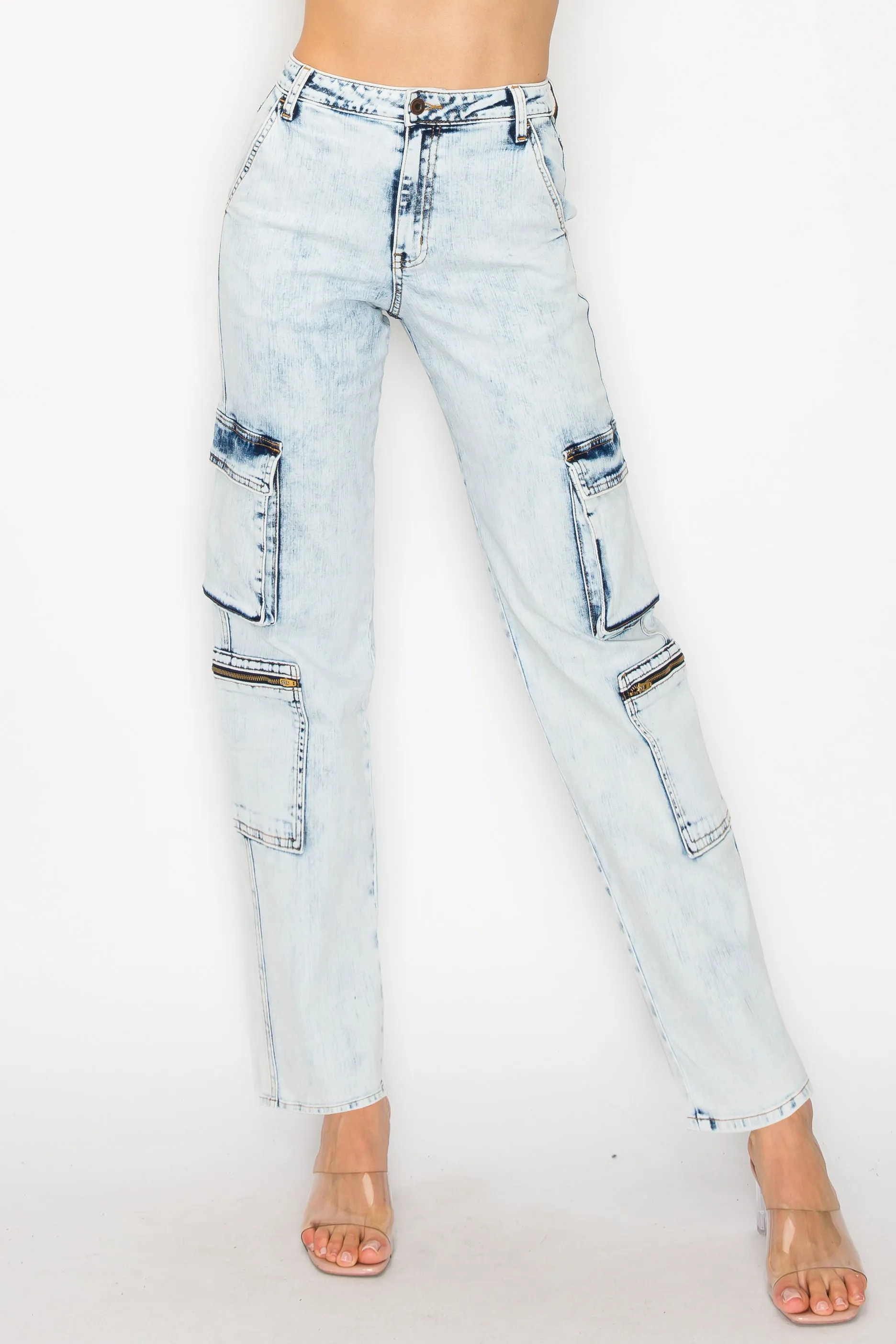 40561  Women's jeans Mid Rise Acid Washed Cargo Pants w/ Extra Pockets