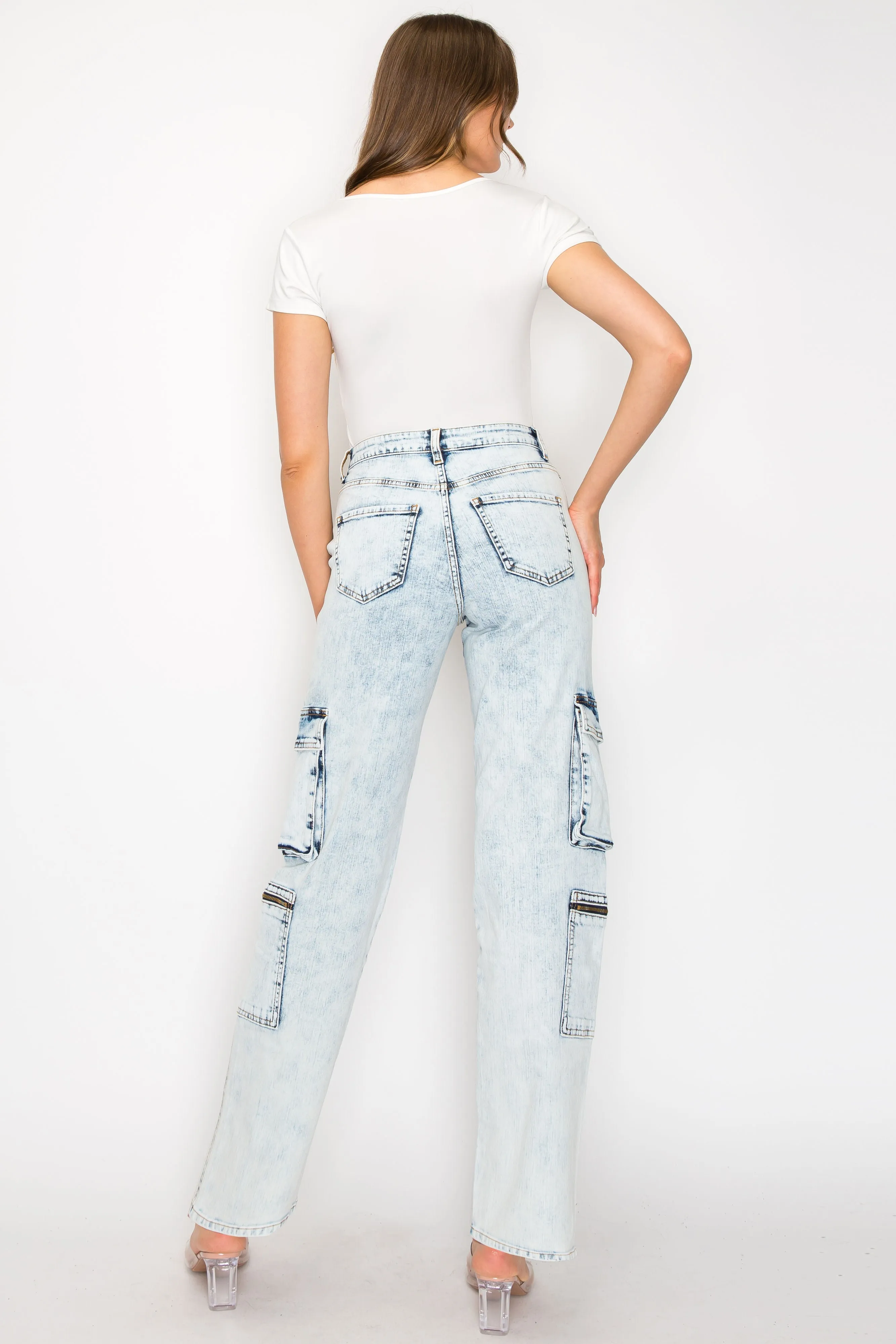 40561  Women's jeans Mid Rise Acid Washed Cargo Pants w/ Extra Pockets