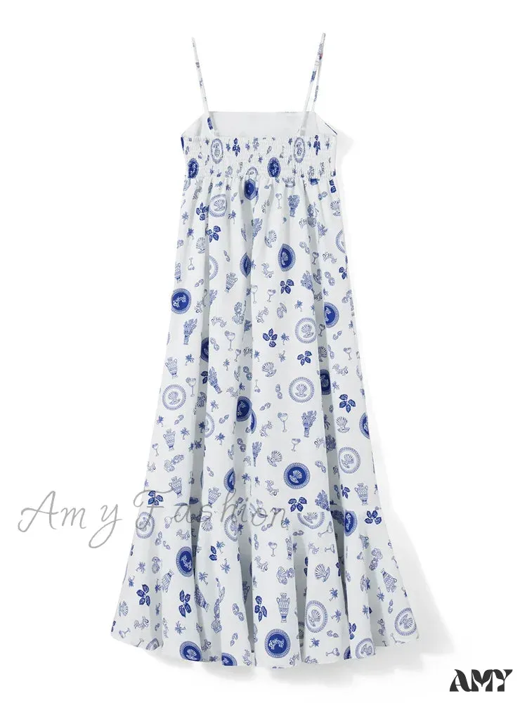Amy Fashion - Vintage Women Summer  Sleeveless Spaghetti Strap Floral Print Party Loose Casual Square Neck Vestidos
