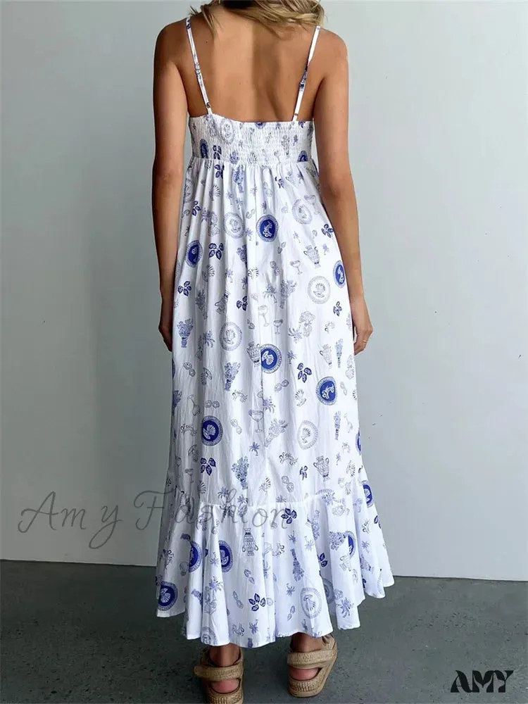 Amy Fashion - Vintage Women Summer  Sleeveless Spaghetti Strap Floral Print Party Loose Casual Square Neck Vestidos