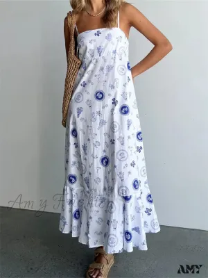 Amy Fashion - Vintage Women Summer  Sleeveless Spaghetti Strap Floral Print Party Loose Casual Square Neck Vestidos