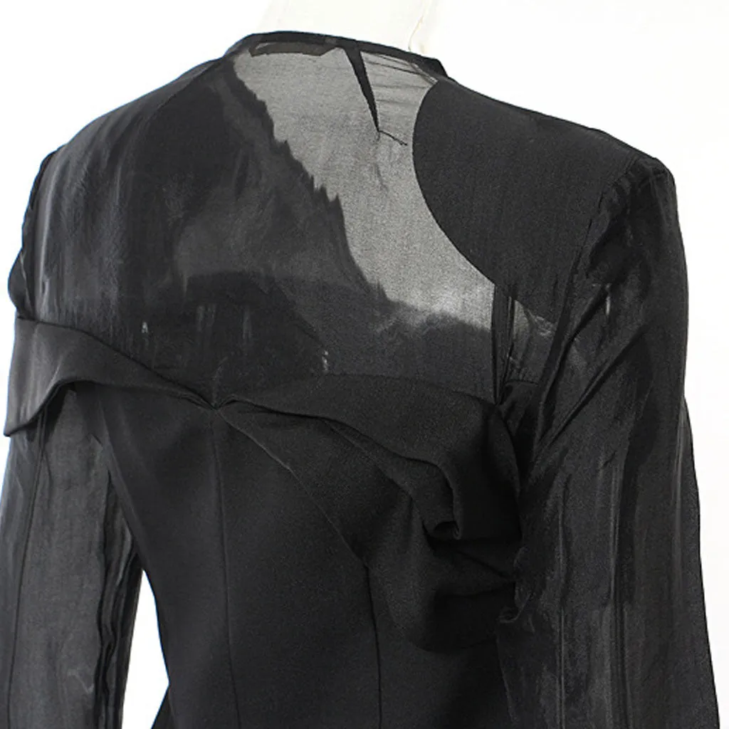 Asymmetric Sheer Mesh Square Neck Long Sleeve One Button Ruffle Blazer