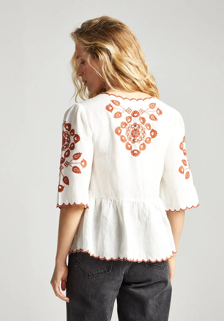 Aubrey V-Neck Embroidered Blouse In Cream
