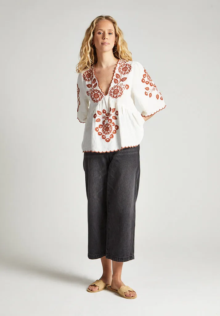 Aubrey V-Neck Embroidered Blouse In Cream