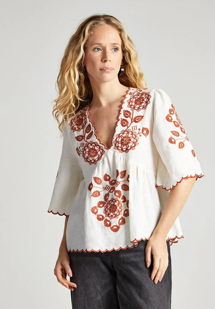 Aubrey V-Neck Embroidered Blouse In Cream