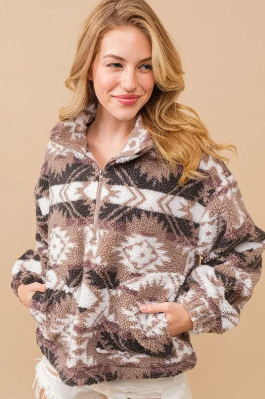 Aztec Teddy Mock Neck Zip Up Pullover Top