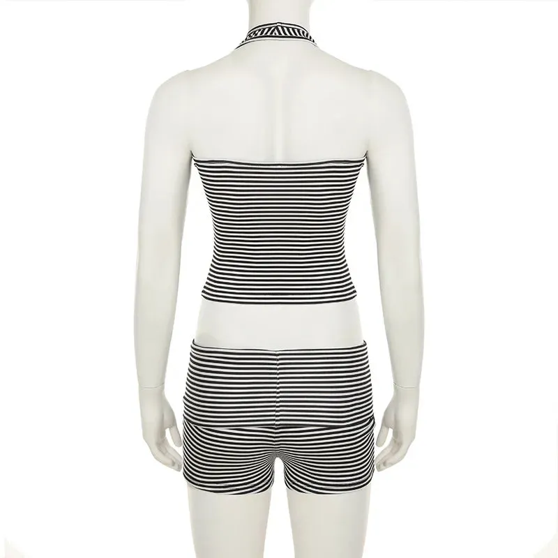 Black and White Stripe Halter Top And Shorts Set