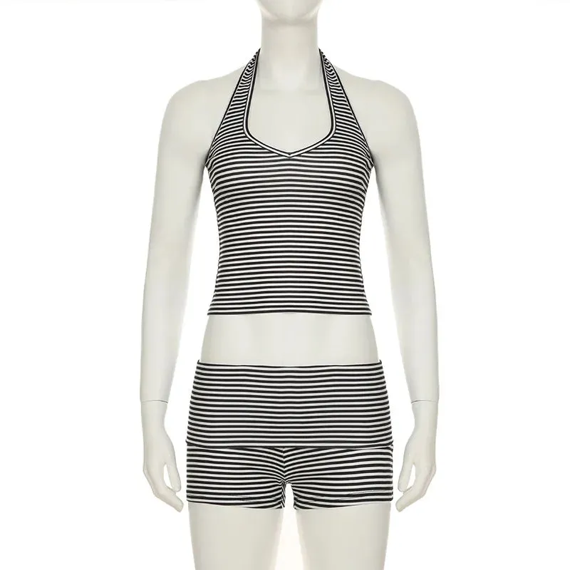 Black and White Stripe Halter Top And Shorts Set