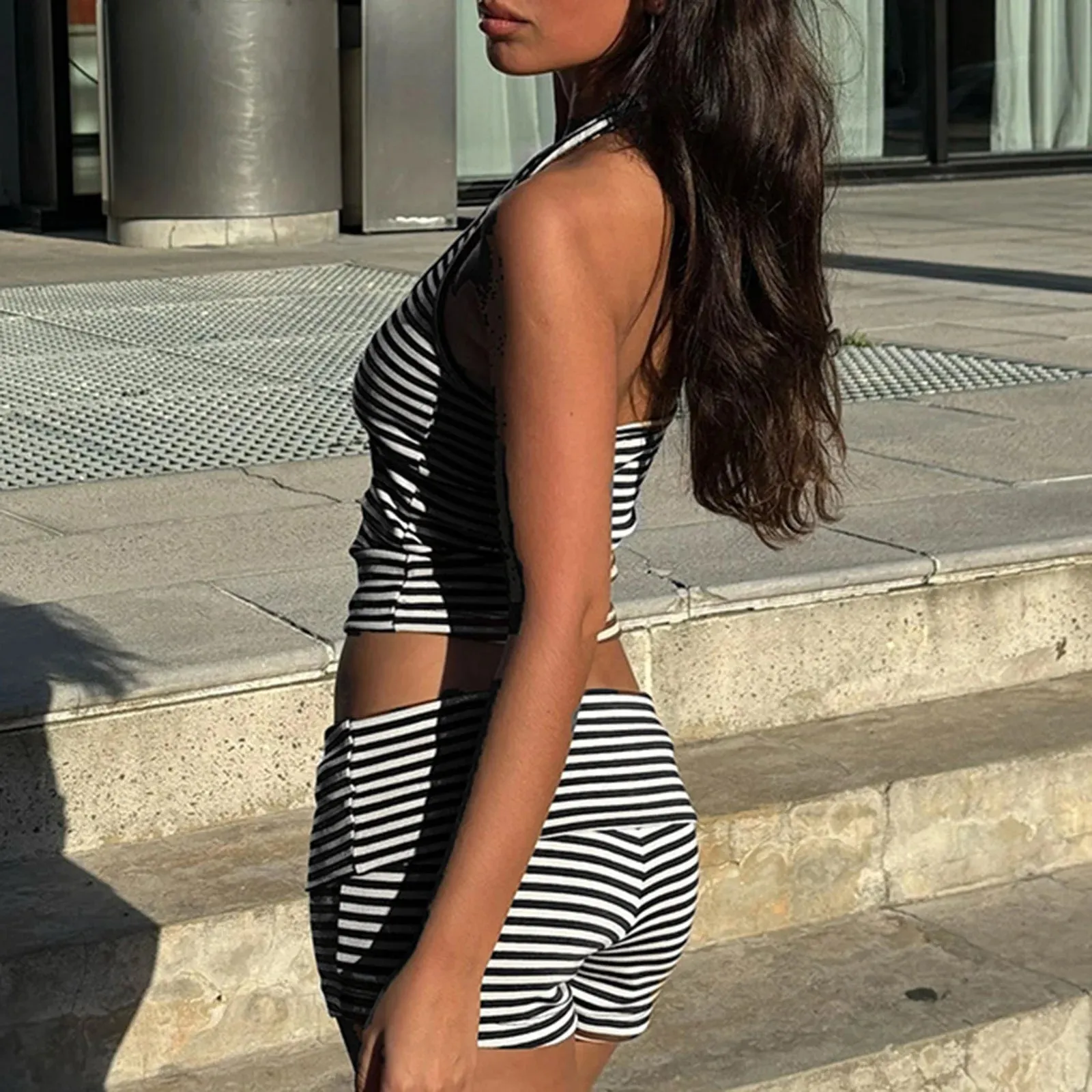 Black and White Stripe Halter Top And Shorts Set