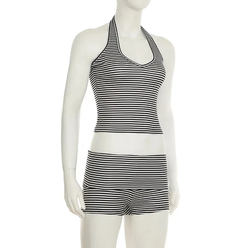 Black and White Stripe Halter Top And Shorts Set