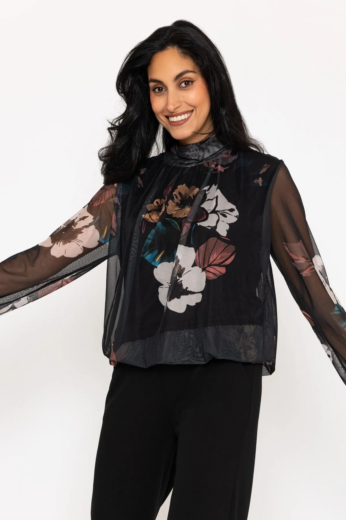Black Floral Print Mesh High Neck Top