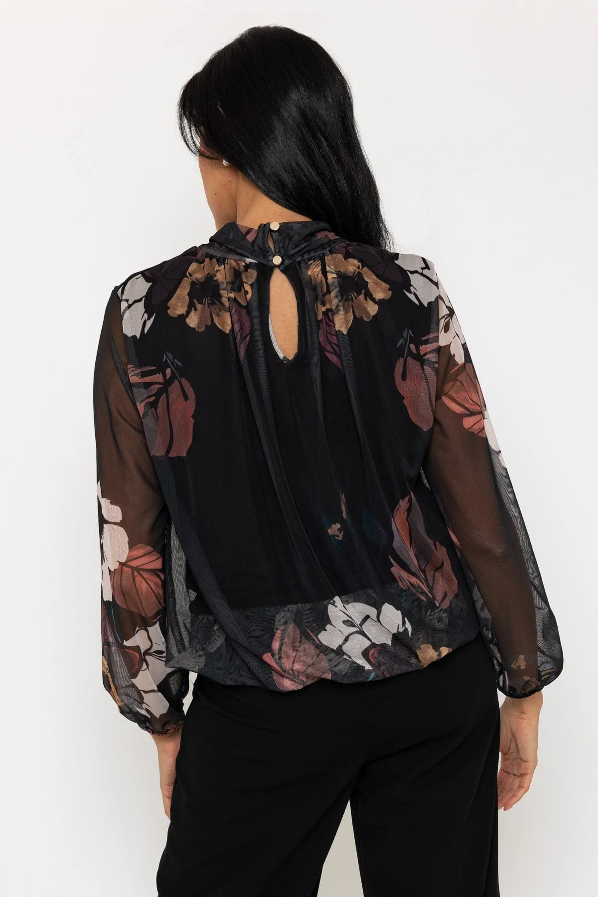 Black Floral Print Mesh High Neck Top