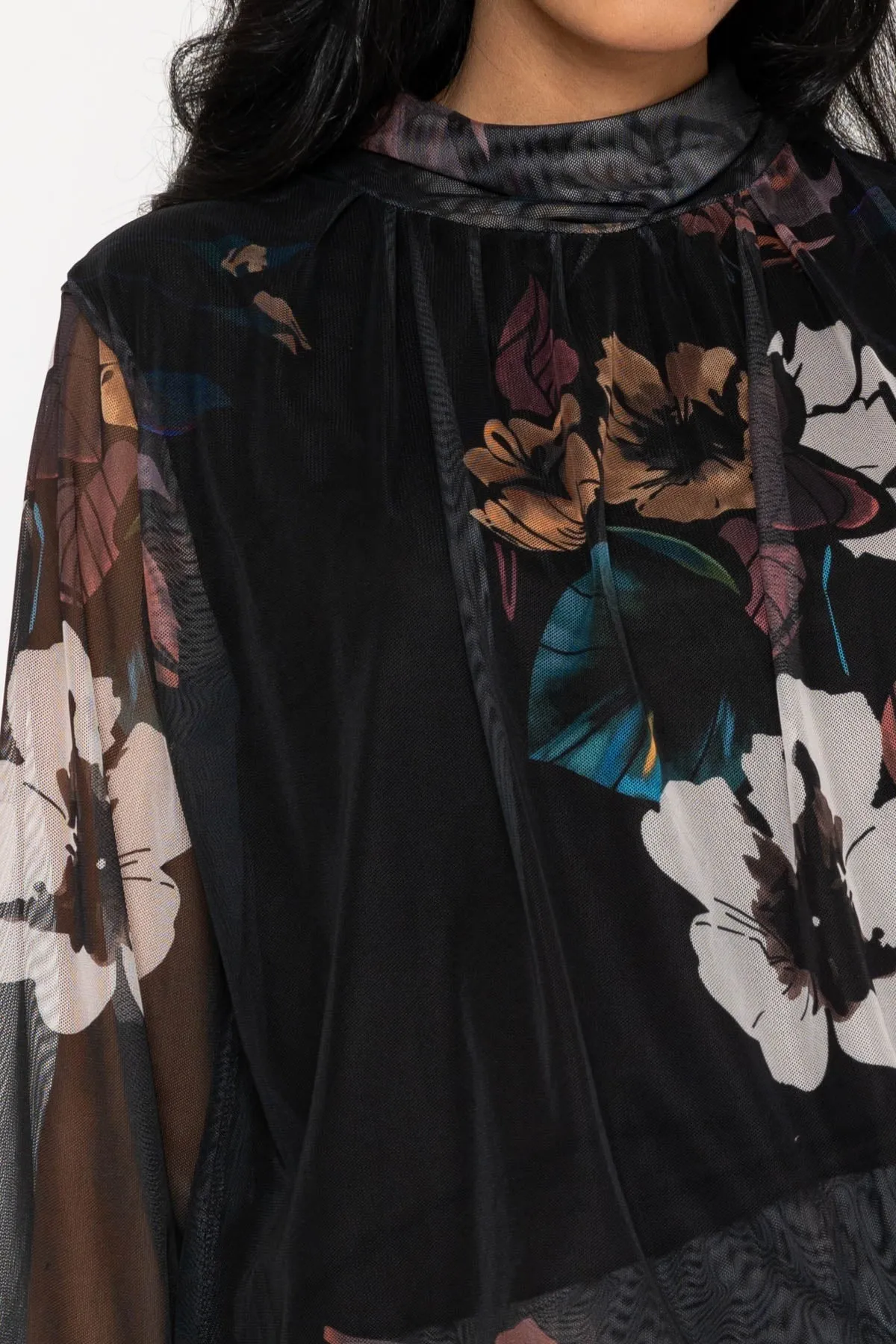 Black Floral Print Mesh High Neck Top