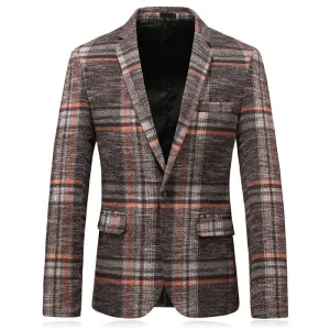 BRADLEY Men's Fashion Premium Quality Khaki Brown & Gray Plaid Style Blazer Suit Jacket