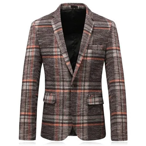 BRADLEY Men's Fashion Premium Quality Khaki Brown & Gray Plaid Style Blazer Suit Jacket