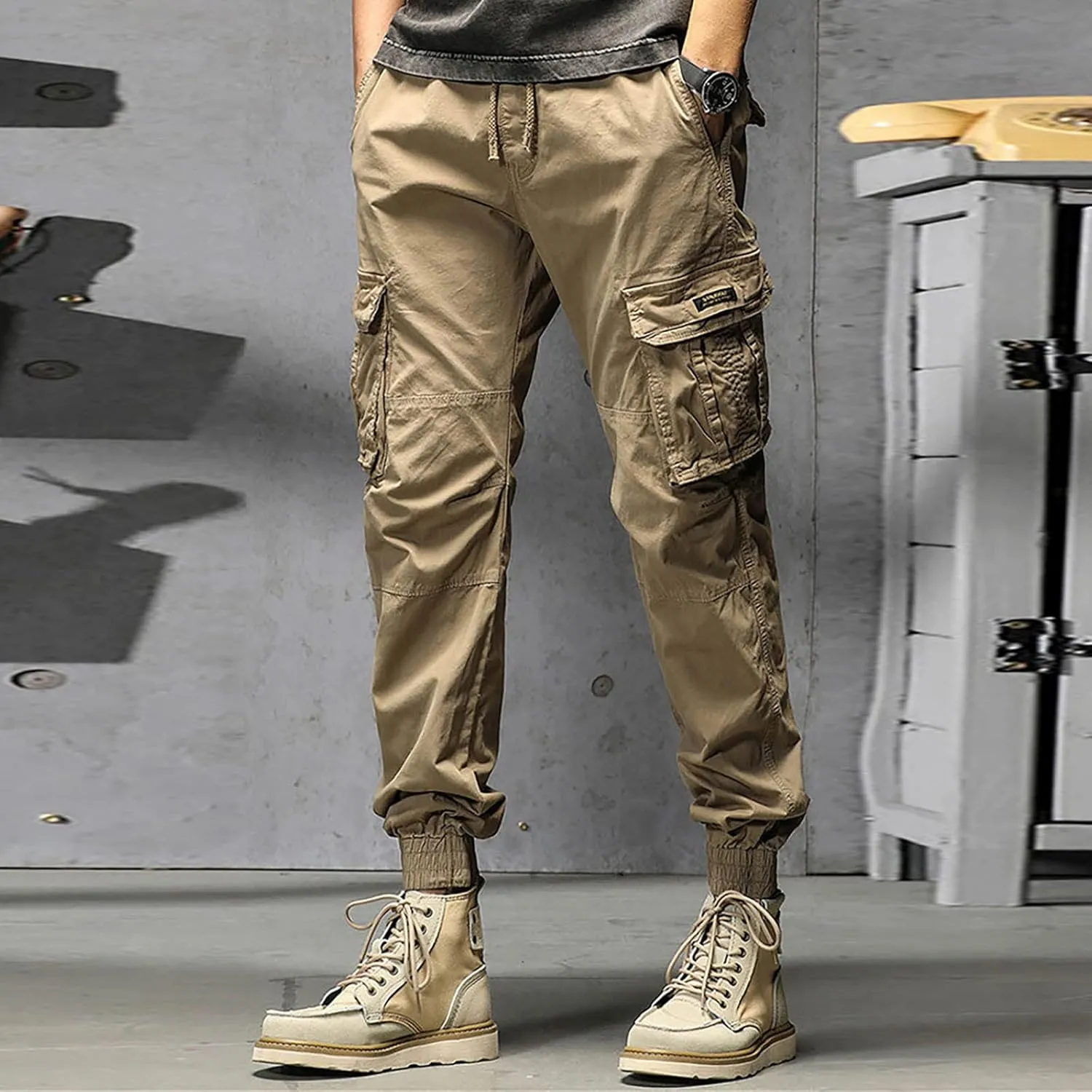 Cargo Pants for Men Big and Tall, Men's Elastic Waist Drawstring Long Pants Solid Color Pockets Casual Loose Trousers