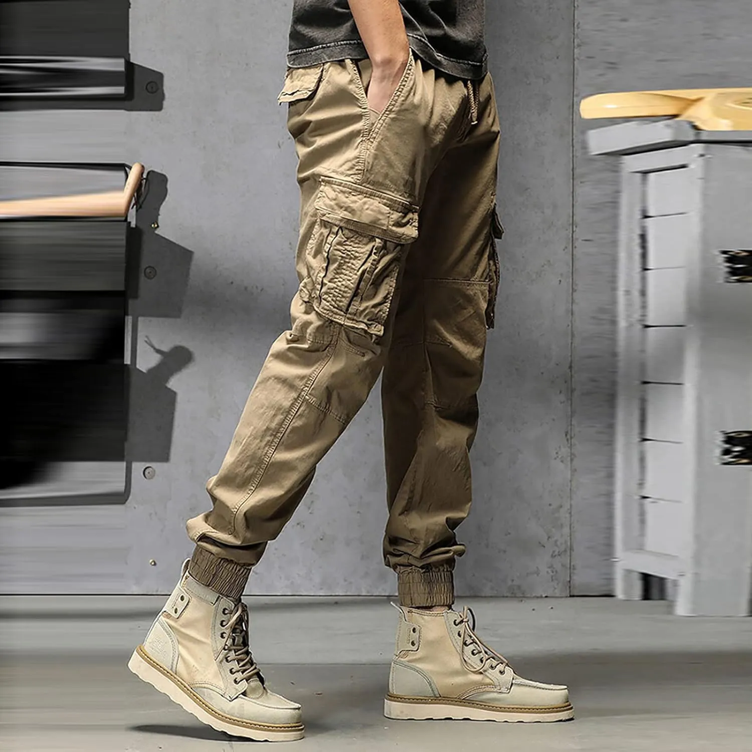 Cargo Pants for Men Big and Tall, Men's Elastic Waist Drawstring Long Pants Solid Color Pockets Casual Loose Trousers