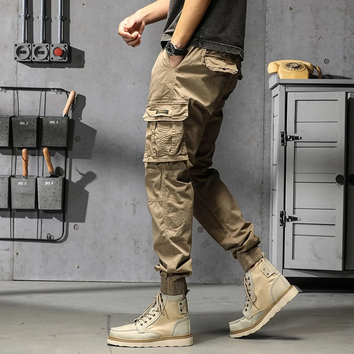 Cargo Pants for Men Big and Tall, Men's Elastic Waist Drawstring Long Pants Solid Color Pockets Casual Loose Trousers