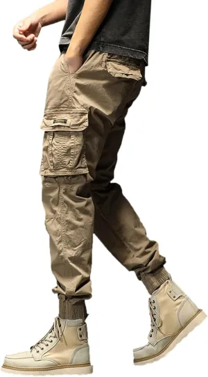 Cargo Pants for Men Big and Tall, Men's Elastic Waist Drawstring Long Pants Solid Color Pockets Casual Loose Trousers