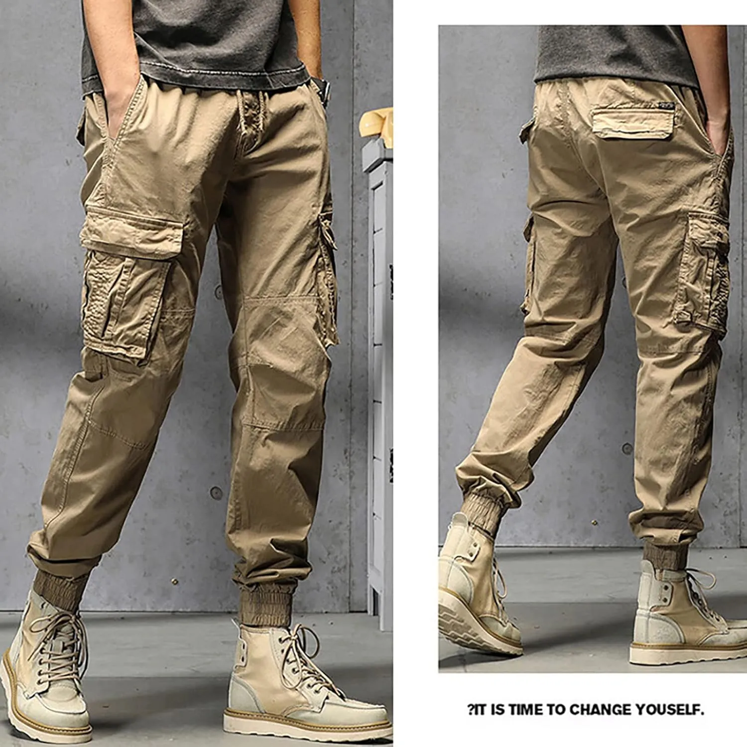 Cargo Pants for Men Big and Tall, Men's Elastic Waist Drawstring Long Pants Solid Color Pockets Casual Loose Trousers