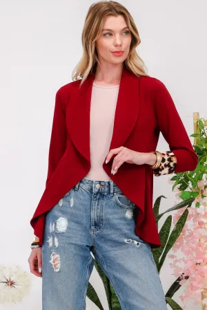 Celeste Burgundy Rolled Leopard Cuff Open Front Blazer