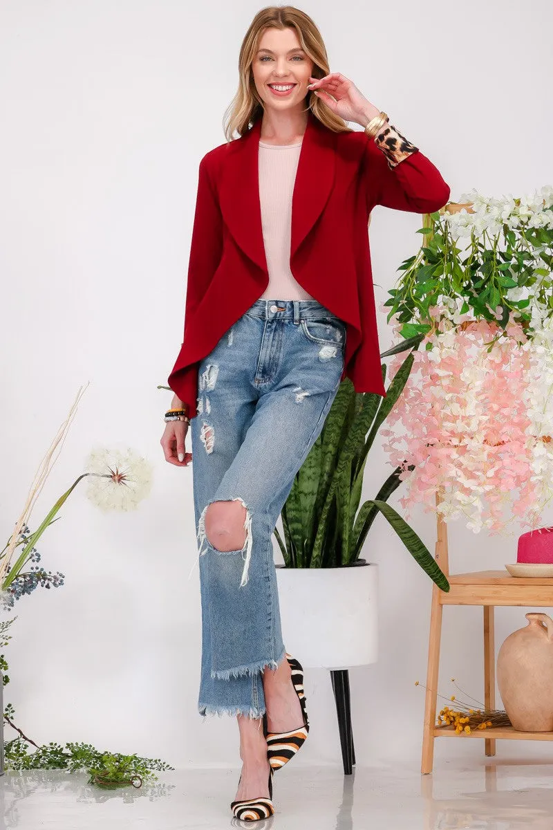 Celeste Burgundy Rolled Leopard Cuff Open Front Blazer