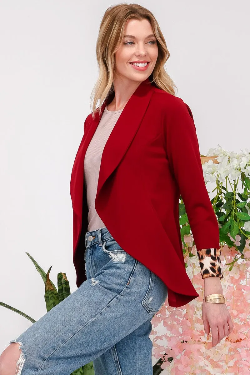 Celeste Burgundy Rolled Leopard Cuff Open Front Blazer