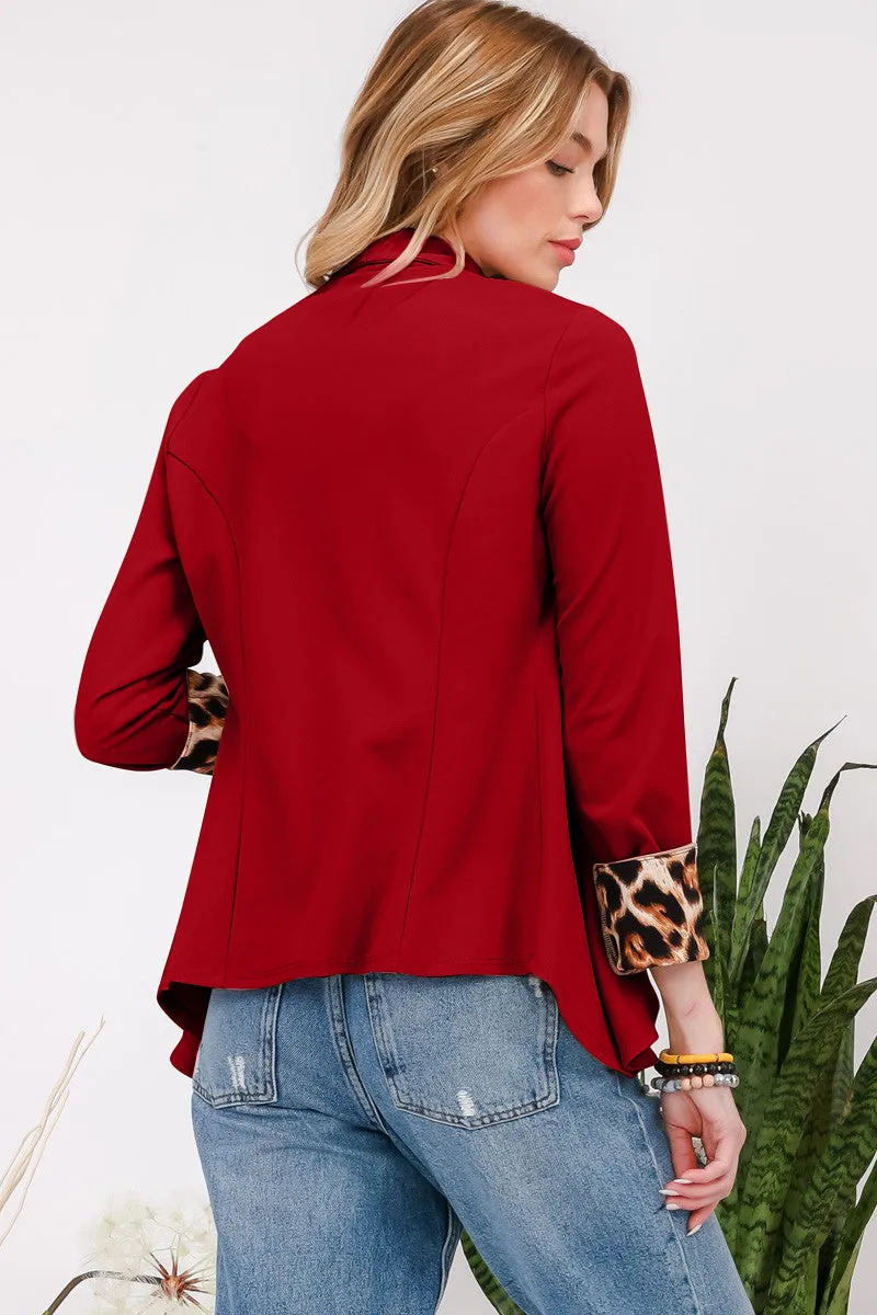 Celeste Burgundy Rolled Leopard Cuff Open Front Blazer