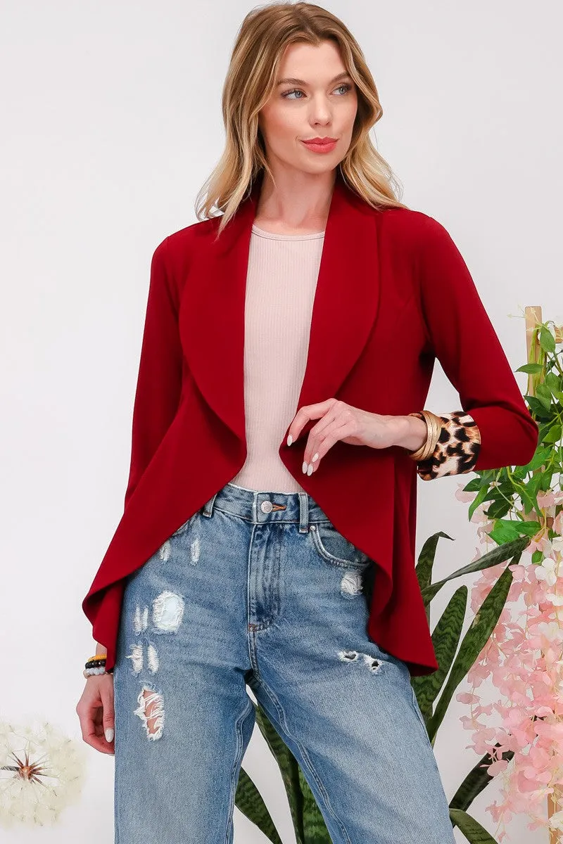 Celeste Burgundy Rolled Leopard Cuff Open Front Blazer