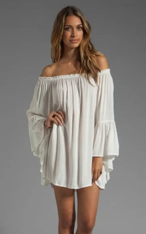 Chiffon Off-shoulder Long Sleeves Irregular Short Dress
