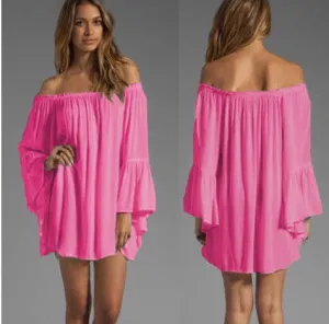 Chiffon Off-shoulder Long Sleeves Irregular Short Dress
