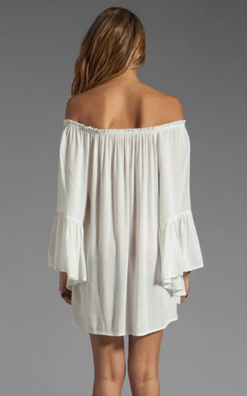 Chiffon Off-shoulder Long Sleeves Irregular Short Dress