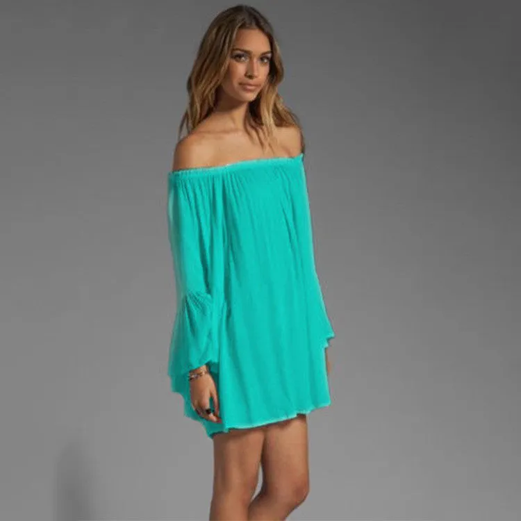 Chiffon Off-shoulder Long Sleeves Irregular Short Dress