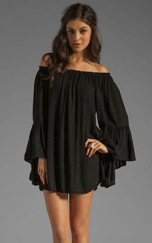 Chiffon Off-shoulder Long Sleeves Irregular Short Dress