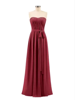 Chiffon Strapless Bridesmaid Gown with Sash-Burgundy Plus Size