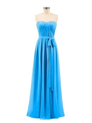 Chiffon Strapless Bridesmaid Gown with Sash-Ocean Blue