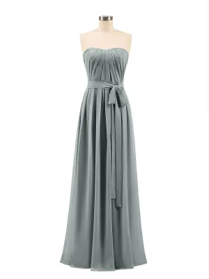 Chiffon Strapless Bridesmaid Gown with Sash-Steel Grey