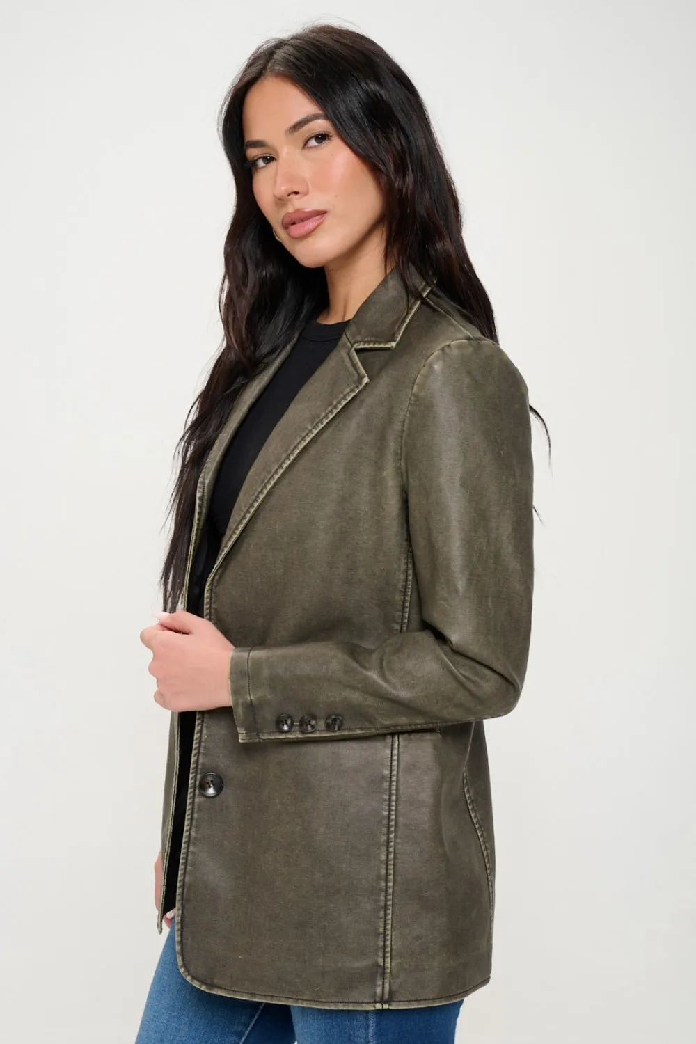 Coalition LA Olive Brown Single-Breasted Vegan Leather Blazer