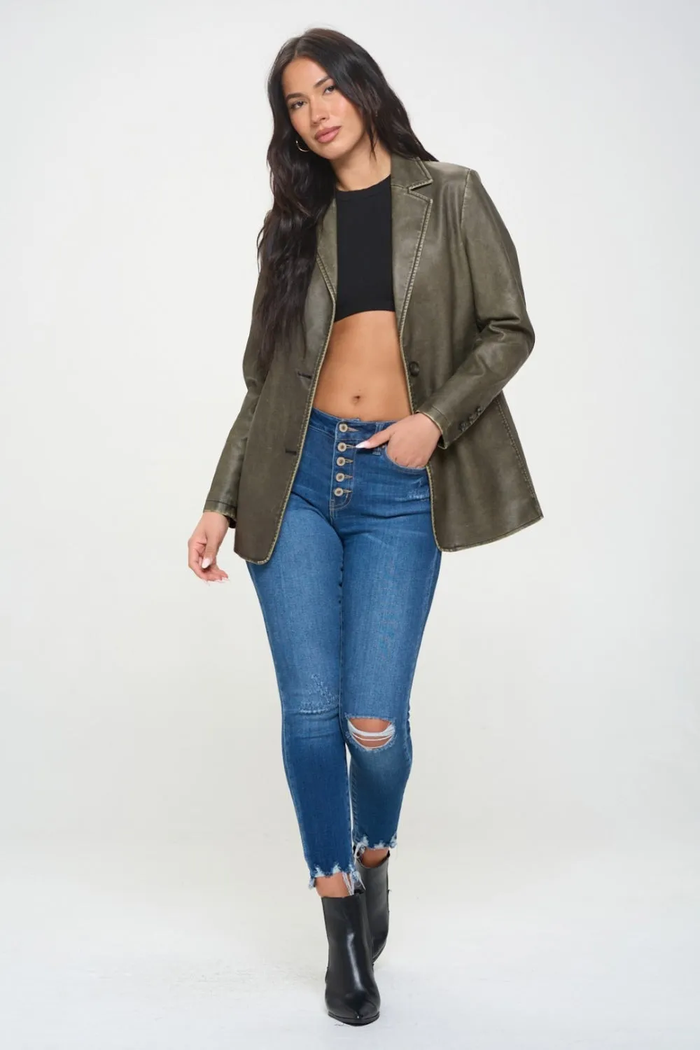 Coalition LA Olive Brown Single-Breasted Vegan Leather Blazer