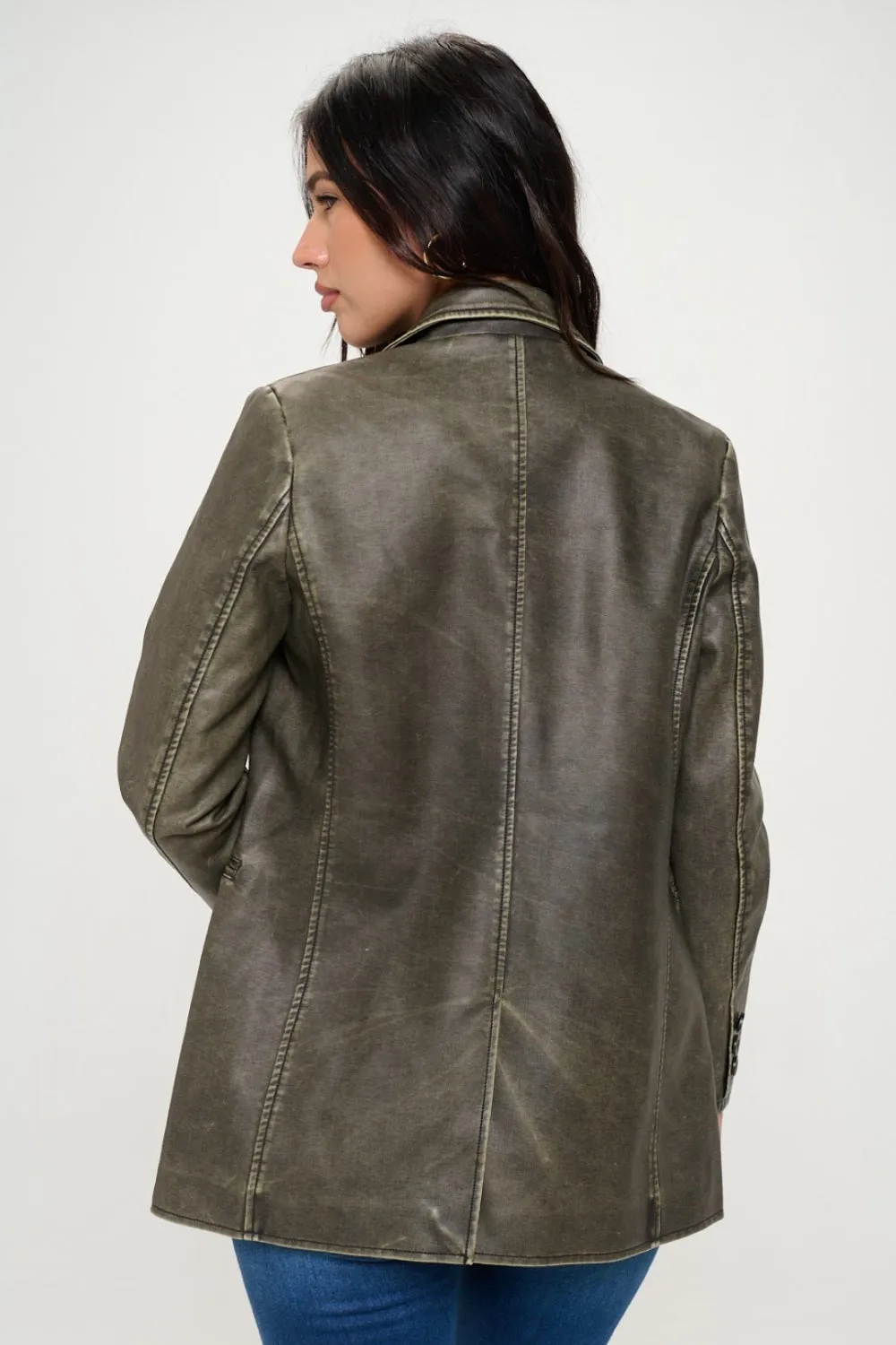 Coalition LA Olive Brown Single-Breasted Vegan Leather Blazer