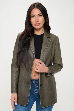 Coalition LA Olive Brown Single-Breasted Vegan Leather Blazer