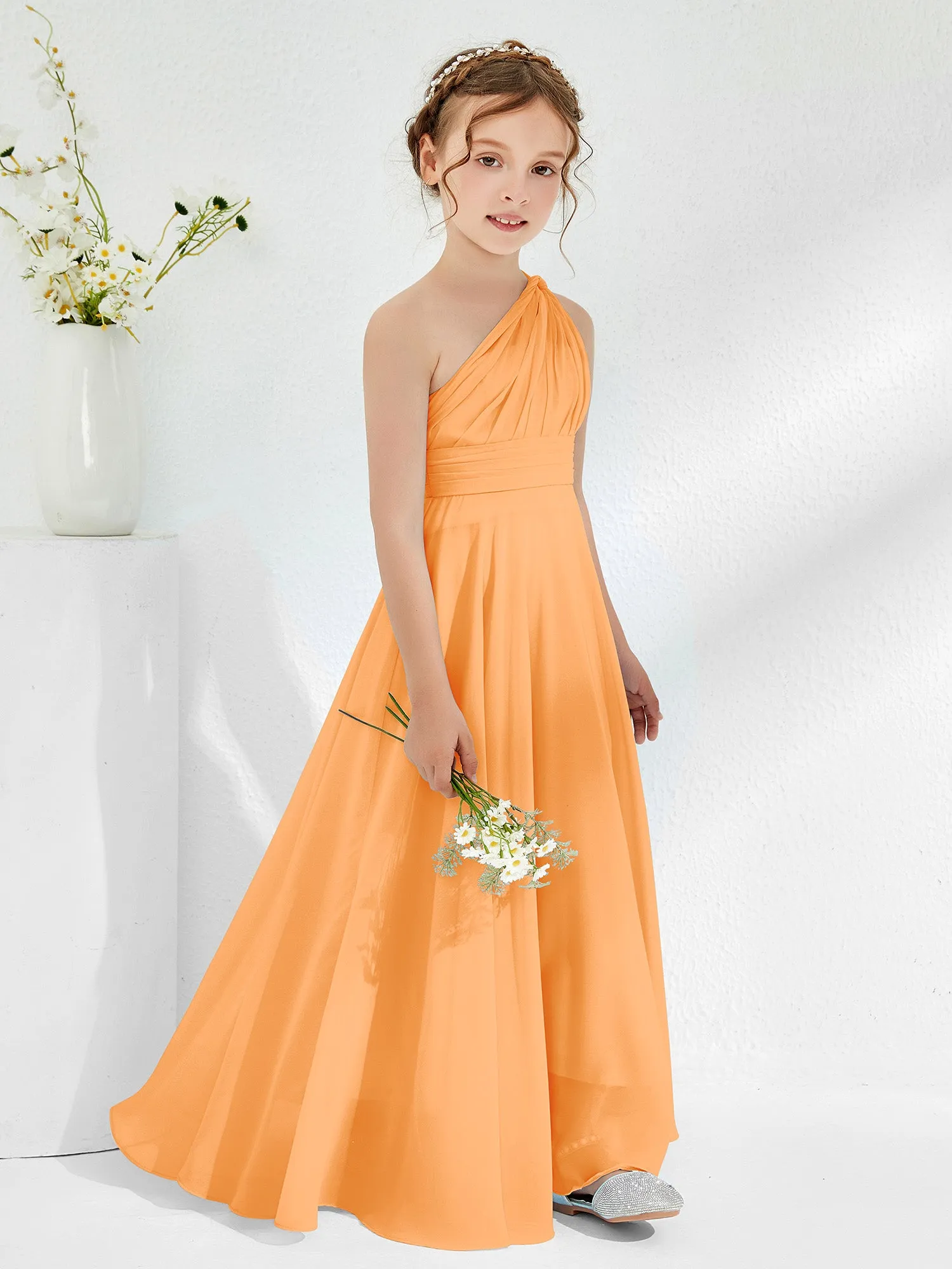 Cute One Shoulder  A-line Junior Bridesmaid Dresses Orange