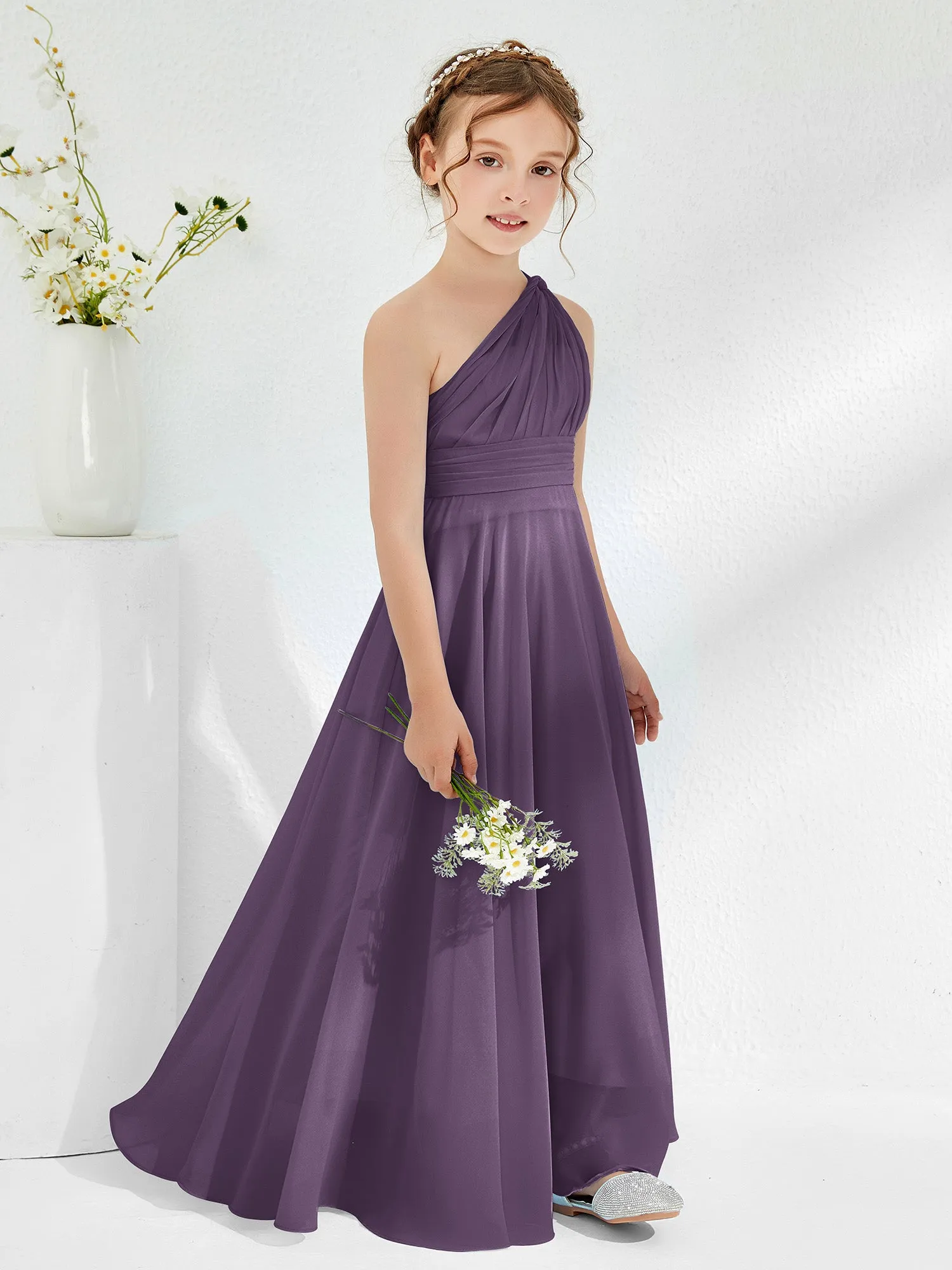 Cute One Shoulder  A-line Junior Bridesmaid Dresses Plum