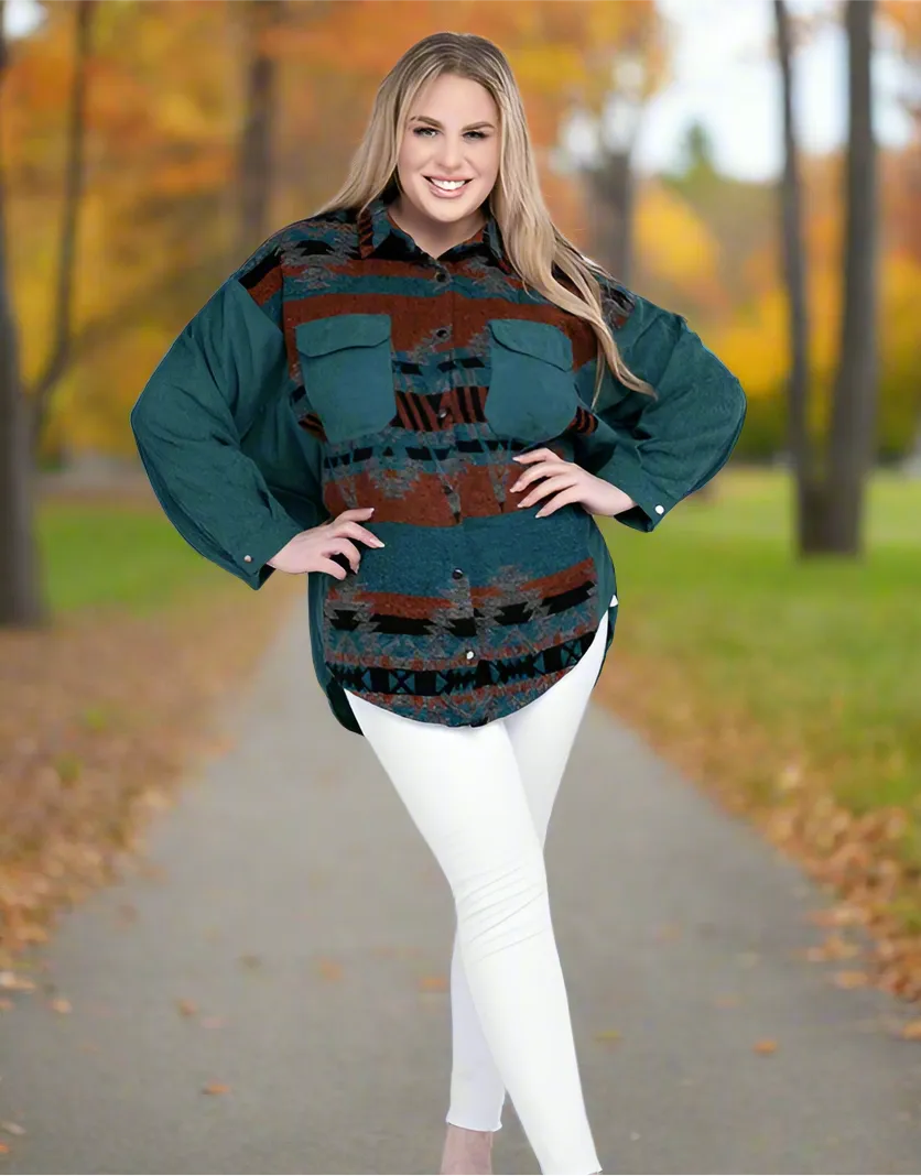 Davi & Dani Plus Aztec Printed Button Down Long Sleeve Jacket