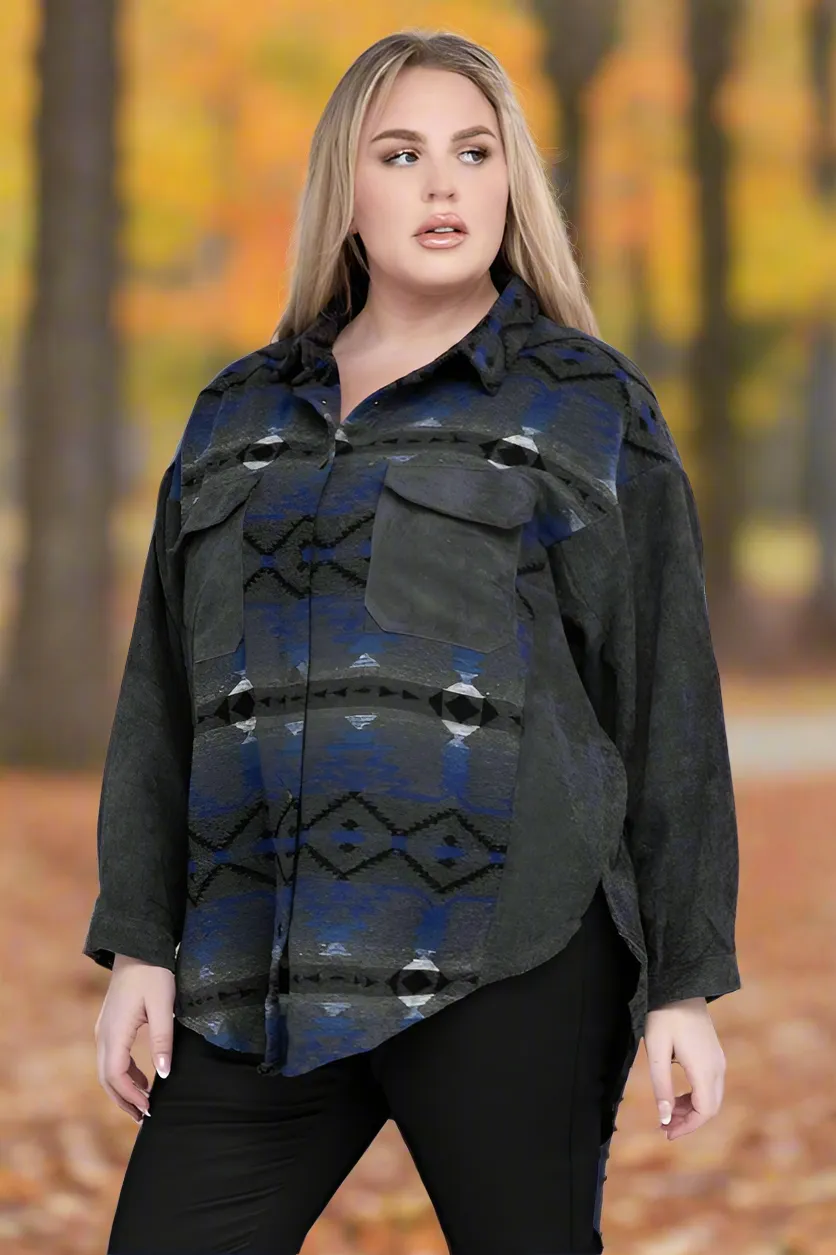 Davi & Dani Plus Aztec Printed Button Down Long Sleeve Jacket