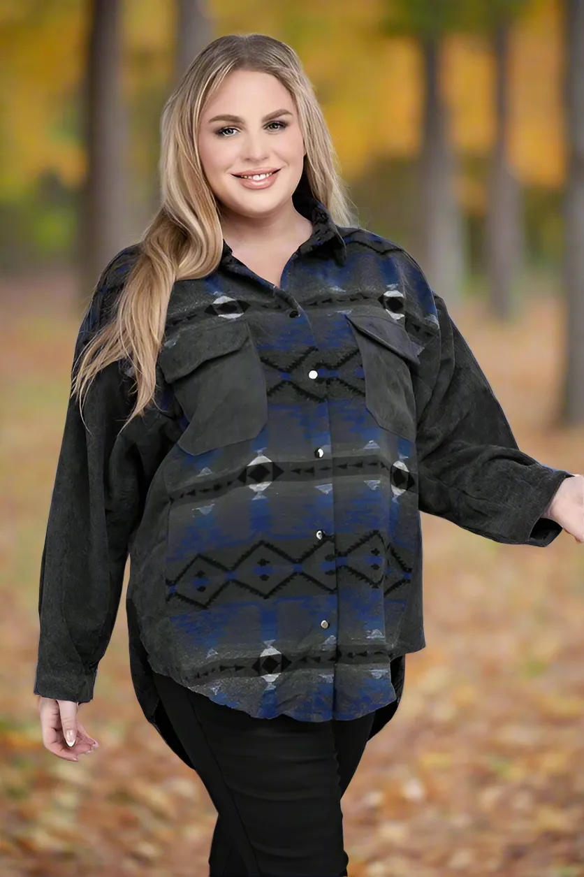 Davi & Dani Plus Aztec Printed Button Down Long Sleeve Jacket
